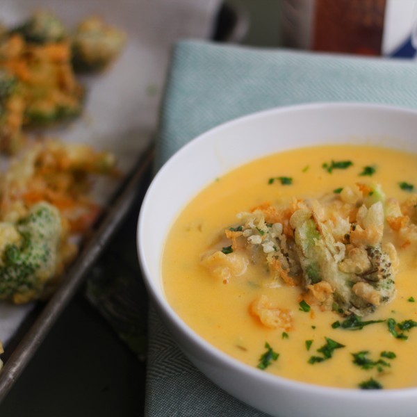 Cheddar Cheese and Beer Soup with Tempura Broccoli Florets